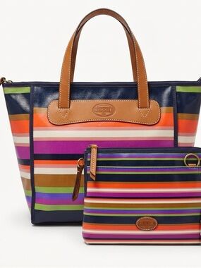 NWT Fossil Keyper Bundle | Striped Shopper Tote & Zip Pouch | 2026 Maximalist